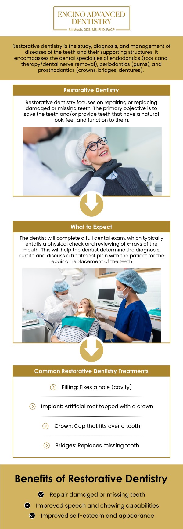 Restorative dentistry focuses on repairing or replacing damaged or missing teeth to restore the full function, integrity, and aesthetics of your smile. It includes treatments like fillings, crowns, and dental implants. At Encino Advanced Dentistry, Dr. Alireza Moshaverinia, D.D.S., M.S., Ph.D., F.A.C.P., specializes in advanced restorative techniques, using high-quality materials for durable, natural-looking results and optimal oral health. For more information, contact us or request an appointment online. We are conveniently located at 5363 Balboa Blvd, #434 Encino, CA 91316.