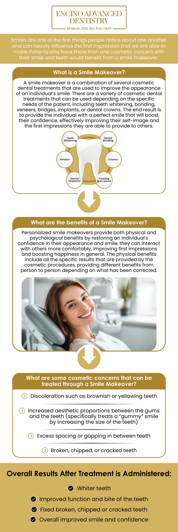 Common questions asked by patients: What does a full smile makeover include? How long does a full smile makeover take to complete? Are full smile makeovers permanent? How do full smile makeover treatments improve both the function and appearance of your teeth? For more information, contact us or schedule an appointment online. We are conveniently located at 5363 Balboa Blvd, #434 Encino, CA 91316. We serve patients from Encino CA, Tarzana CA, Van Nuys CA, Sherman Oaks CA, Calabasas CA, and surrounding areas.