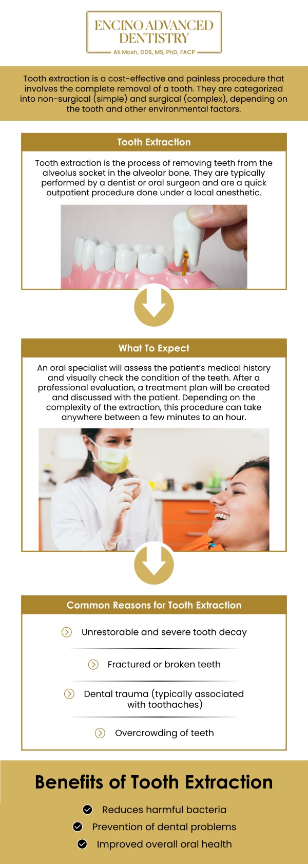 A tooth extraction is the necessary removal of a tooth that is too extensively damaged by decay, trauma, or periodontal disease to be saved, or to resolve crowding issues. At Encino Advanced Dentistry, choosing Dr. Alireza Moshaverinia, D.D.S., M.S., Ph.D., F.A.C.P., ensures you receive care that prioritizes patient comfort and utilizes advanced, minimally invasive techniques for efficient and gentle extractions. To maintain the health and alignment of your remaining smile. For more information, contact us or request an appointment online. We are conveniently located at 5363 Balboa Blvd, #434 Encino, CA 91316.