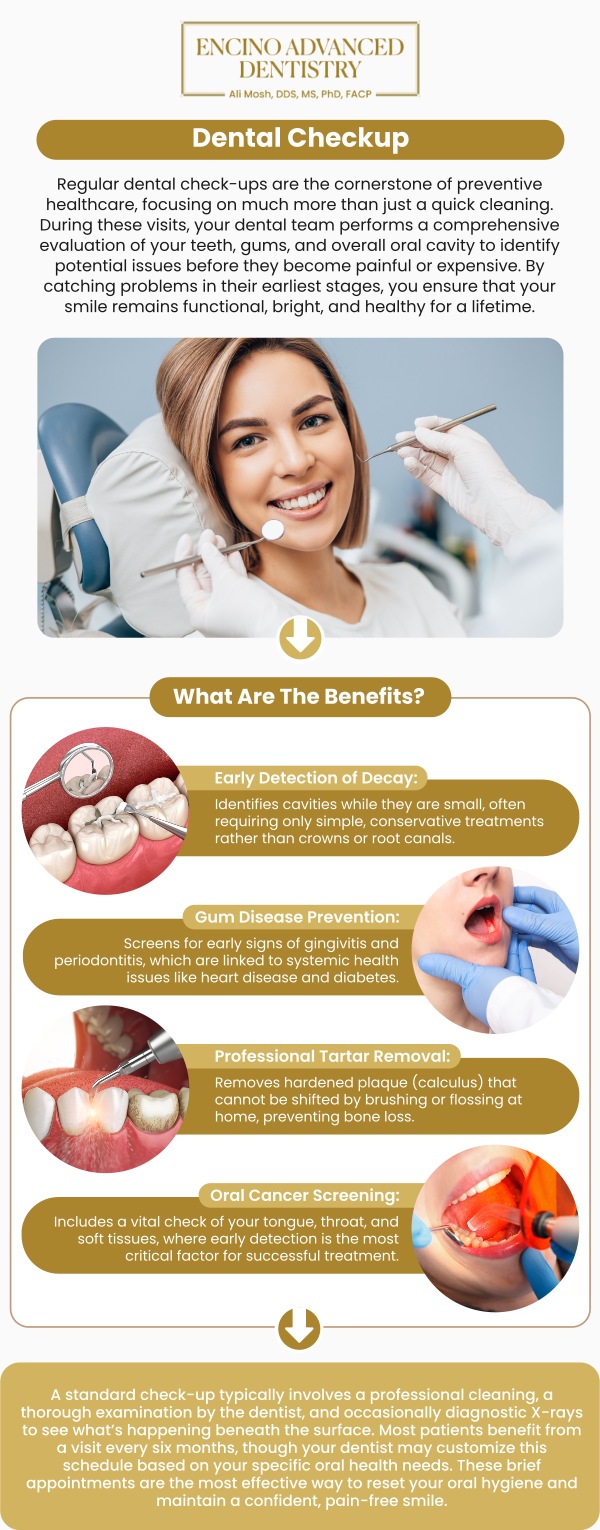 Common questions asked by patients: Why are dental checkups important for maintaining oral health? What are the benefits of regular dental checkups? Can dental checkups help prevent serious oral health problems? How much do dental checkups typically cost, and are they covered by insurance? For more information, contact us or schedule an appointment online. We are conveniently located at 5363 Balboa Blvd, #434 Encino, CA 91316. We serve patients from Encino CA, Tarzana CA, Van Nuys CA, Sherman Oaks CA, Calabasas CA, and surrounding areas.