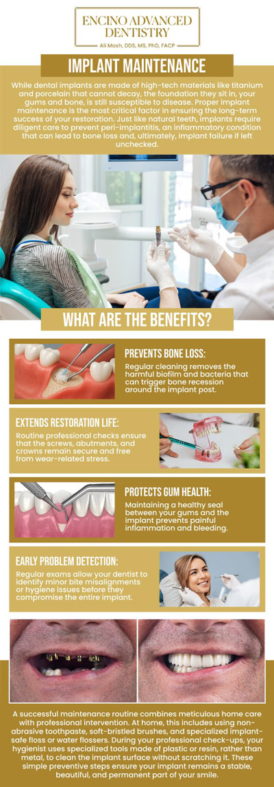 While dental implants are engineered to be a lifelong solution for tooth loss, they are not "set it and forget it" devices. At Encino Advanced Dentistry, Dr. Alireza Moshaverinia, DDS, MS, Ph D, FACP, emphasizes that the longevity of your restoration depends entirely on the health of the supporting bone and gum tissue. Specialized implant maintenance is the proactive process of cleaning and monitoring these components to ensure your investment remains functional, beautiful, and free from biological complications. For more information, contact us or request an appointment online. We are conveniently located at 5363 Balboa Blvd, #434 Encino, CA 91316.