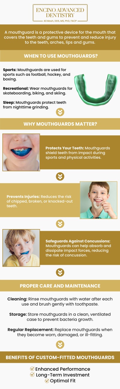 Common questions asked by patients: What are sports guards, and how do they protect teeth during sports? Who should wear a sports guard during athletic activities? How are custom sports guards different from store-bought mouthguards? What types of sports benefit most from wearing a sports guard? How do sports guards help prevent chipped teeth, fractures, and jaw injuries? For more information, contact us or schedule an appointment online. We are conveniently located at 5363 Balboa Blvd, #434 Encino, CA 91316. We serve patients from Encino CA, Tarzana CA, Van Nuys CA, Sherman Oaks CA, Calabasas CA, and surrounding areas.