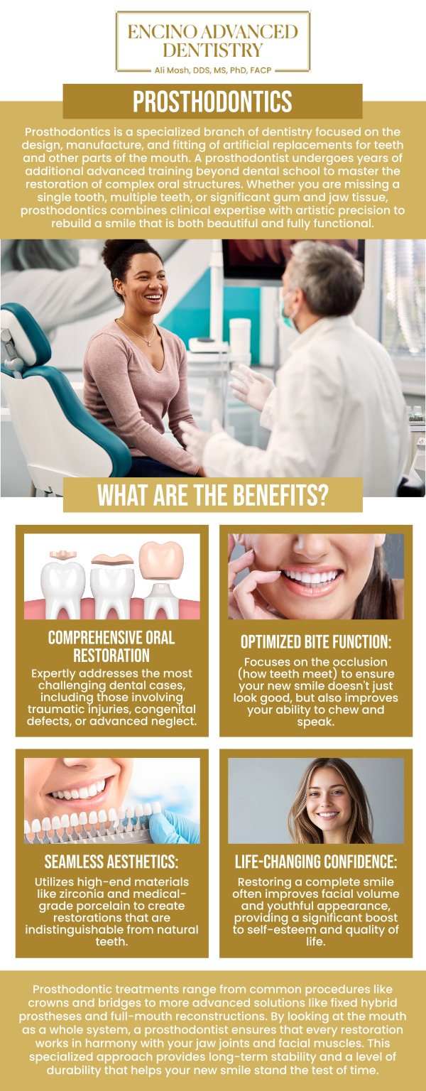 Prosthodontics involves diagnosing and treating conditions related to missing or deficient teeth and oral tissues. This specialty is essential for dental implants, dentures, crowns, bridges, and reconstructive surgery. Dr. Alireza Moshaverinia, D.D.S., M.S., Ph.D., F.A.C.P., at Encino Advanced Dentistry, specializes in restoring smiles with durability, precision, and aesthetic quality. For more information, contact us or request an appointment online. We are conveniently located at 5363 Balboa Blvd, #434 Encino, CA 91316.