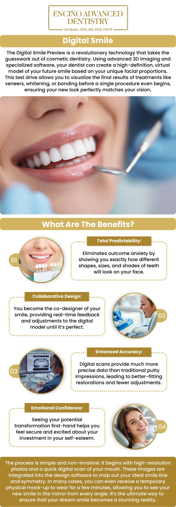 Common questions asked by patients: What is digital smile preview, and how does it work? How can digital smile preview help me decide on my cosmetic dental treatment? What are the benefits of using digital smile preview for smile makeovers? How long does the digital smile preview process take? For more information, contact us or schedule an appointment online. We are conveniently located at 5363 Balboa Blvd, #434 Encino, CA 91316. We serve patients from Encino CA, Tarzana CA, Van Nuys CA, Sherman Oaks CA, Calabasas CA, and surrounding areas.