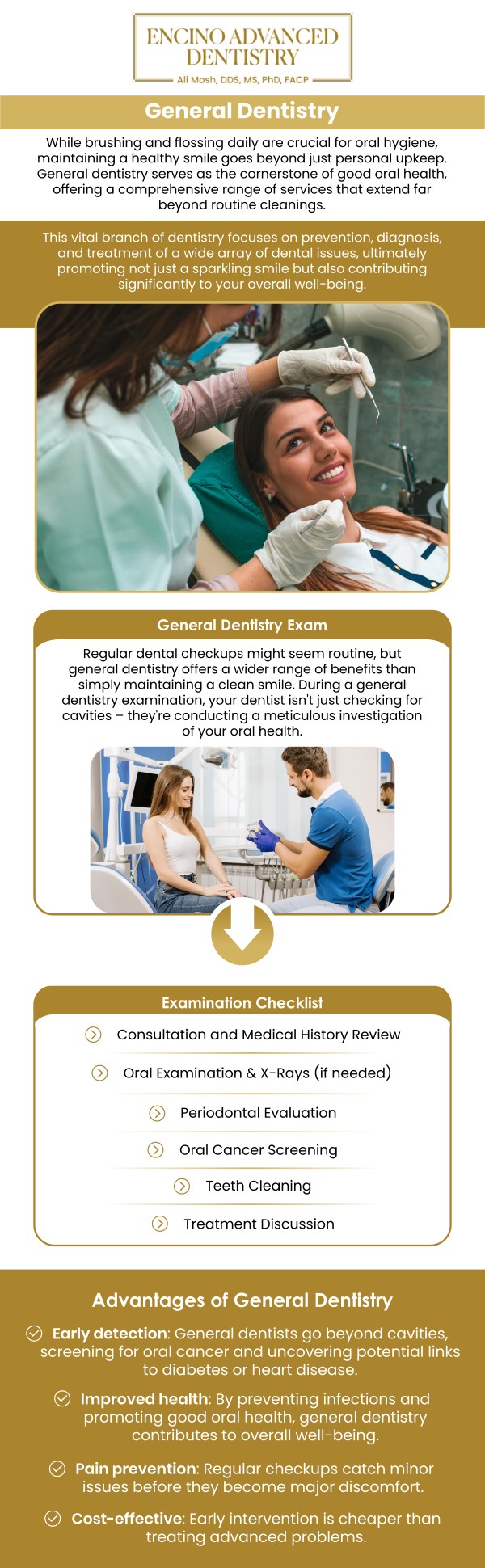 At Encino Advanced Dentistry, we are committed to providing exceptional dental care through a blend of advanced technology and compassionate service. Led by Dr. Alireza Moshaverinia, D.D.S., M.S., Ph.D., F.A.C.P., and our experienced team, we offer a wide range of personalized dental treatments that focus on both your oral health and overall well-being. Whether you are looking to restore, enhance, or maintain your smile, we tailor our services to meet your individual needs. From routine cleanings to complex restorative procedures, our dedicated team is here to ensure you achieve optimal dental health with comfort and care.  For more information, contact us or request an appointment online. We are conveniently located at 5363 Balboa Blvd, #434 Encino, CA 91316.