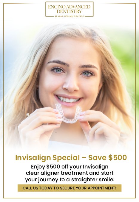 Invisalign is an orthodontic treatment that uses custom-made aligners to discreetly shift teeth into the desired position, making it an alternative to metal braces. It’s suitable for correcting crowding, gaps, overbites, and underbites, which improves both appearance and functionality. Dr. Alireza Moshaverinia, D.D.S., M.S., Ph.D., F.A.C.P. at Encino Advanced Dentistry, offers comprehensive Invisalign treatment with advanced digital scanning technology to create a precise and minimally invasive plan for your smile. For more information, contact us or request an appointment online. We are conveniently located at 5363 Balboa Blvd, #434 Encino, CA 91316.