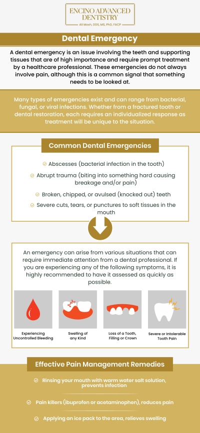When sudden dental pain or trauma strikes, trust your urgent care needs to the highly credentialed expertise of Dr. Alireza Moshaverinia, D.D.S., M.S., Ph.D., F.A.C.P., right here at Encino Advanced Dentistry. Our state-of-the-art clinic is fully equipped to deliver rapid, compassionate relief for everything from severe toothaches and abscesses to complex knocked-out teeth. We prioritize immediate, same-day attention and advanced clinical techniques to save your natural teeth, alleviate your discomfort instantly, and quickly restore your peace of mind. For more information, contact us or request an appointment online. We are conveniently located at 5363 Balboa Blvd, #434 Encino, CA 91316.