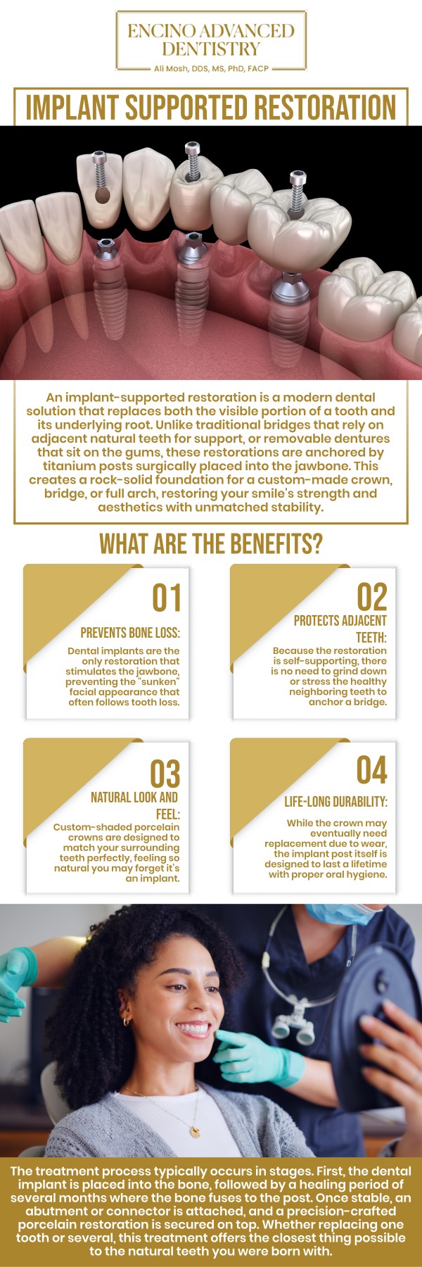 Common questions asked by patients: What are implant-supported restorations, and how do they work? How do implant-supported restorations compare to traditional dental restorations? What types of dental issues can implant-supported restorations solve? How long do implant-supported restorations last compared to regular dental restorations? For more information, contact us or schedule an appointment online. We are conveniently located at 5363 Balboa Blvd, #434 Encino, CA 91316. We serve patients from Encino CA, Tarzana CA, Van Nuys CA, Sherman Oaks CA, Calabasas CA, and surrounding areas.