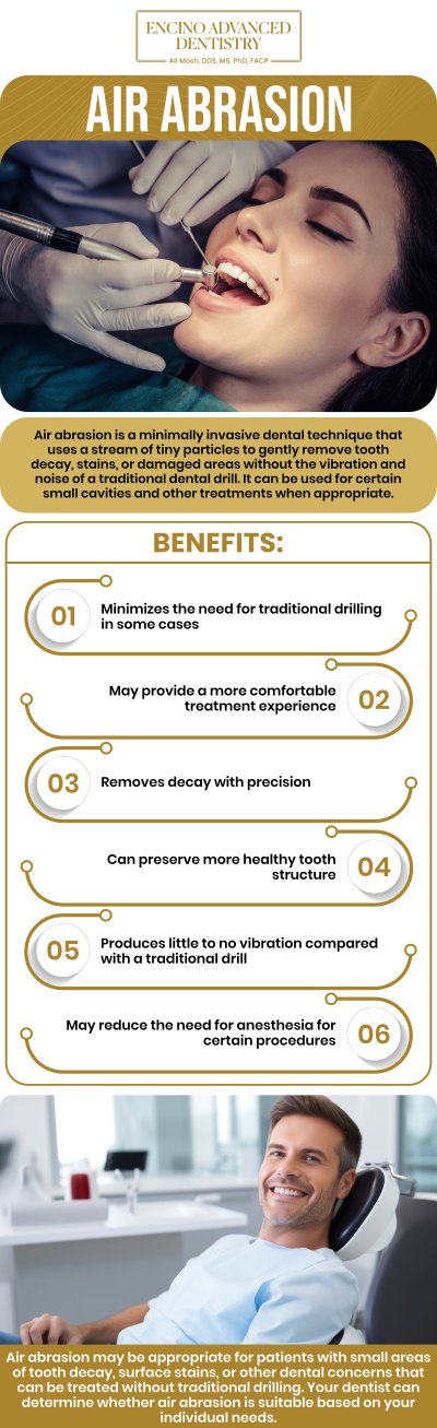 Common questions asked by patients: How does air abrasion compare to traditional drilling for tooth treatment? Is air abrasion a pain-free alternative to dental drilling? What are the benefits of using air abrasion for cavity treatment? How safe is air abrasion for treating cavities in children? What types of dental issues can air abrasion treat? For more information, contact us or schedule an appointment online. We are conveniently located at 5363 Balboa Blvd, #434 Encino, CA 91316. We serve patients from Encino CA, Tarzana CA, Van Nuys CA, Sherman Oaks CA, Calabasas CA, and surrounding areas. Common questions asked by patients: How does air abrasion compare to traditional drilling for tooth treatment? Is air abrasion a pain-free alternative to dental drilling? What are the benefits of using air abrasion for cavity treatment? How safe is air abrasion for treating cavities in children? What types of dental issues can air abrasion treat? For more information, contact us or schedule an appointment online. We are conveniently located at 5363 Balboa Blvd, #434 Encino, CA 91316. We serve patients from Encino CA, Tarzana CA, Van Nuys CA, Sherman Oaks CA, Calabasas CA, and surrounding areas.