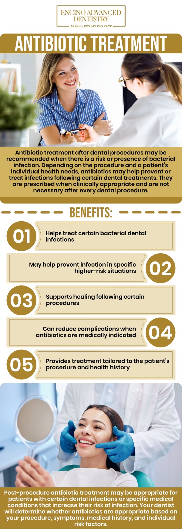 Common questions asked by patients: When is antibiotic treatment necessary in dentistry? How do antibiotics help in dental infection treatment? What dental conditions can be treated with antibiotics? Are antibiotics required after tooth extraction or dental surgery? What are the risks of overusing antibiotics in dentistry? For more information, contact us or schedule an appointment online. We are conveniently located at 5363 Balboa Blvd, #434 Encino, CA 91316. We serve patients from Encino CA, Tarzana CA, Van Nuys CA, Sherman Oaks CA, Calabasas CA, and surrounding areas. Common questions asked by patients: When is antibiotic treatment necessary in dentistry? How do antibiotics help in dental infection treatment? What dental conditions can be treated with antibiotics? Are antibiotics required after tooth extraction or dental surgery? What are the risks of overusing antibiotics in dentistry? For more information, contact us or schedule an appointment online. We are conveniently located at 5363 Balboa Blvd, #434 Encino, CA 91316. We serve patients from Encino CA, Tarzana CA, Van Nuys CA, Sherman Oaks CA, Calabasas CA, and surrounding areas.