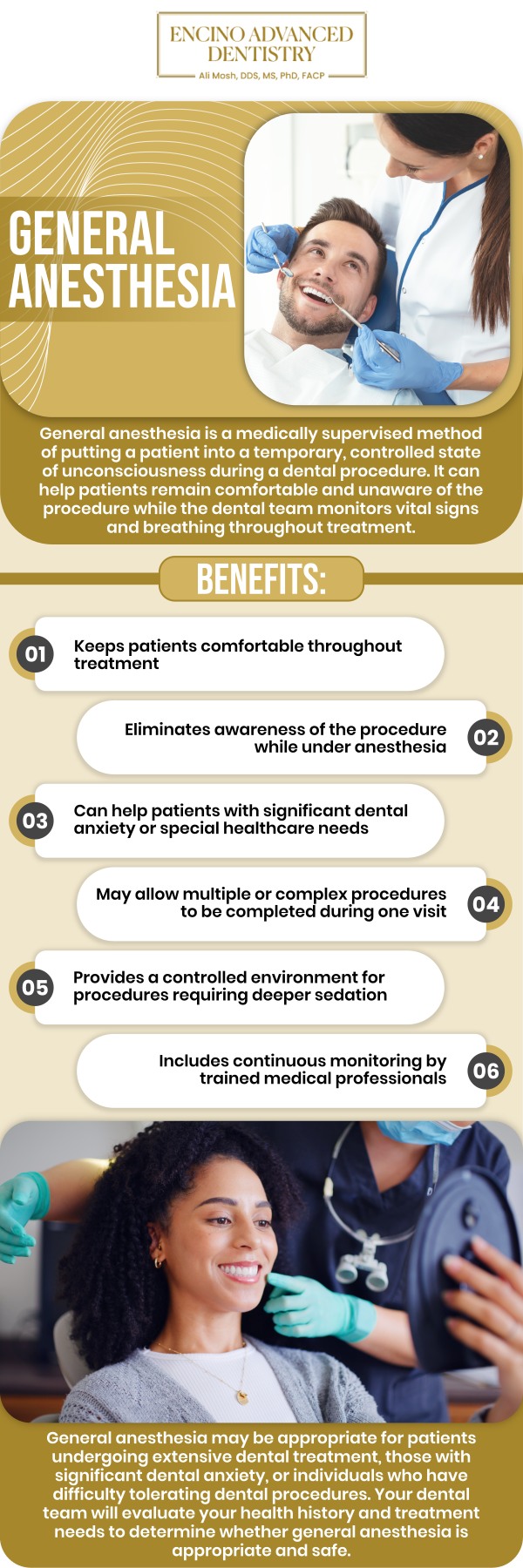 Before undergoing general anesthesia in Encino, CA, it's important to understand the process and ensure you are fully prepared. Our professional team at Encino Advanced Dentistry will provide a thorough consultation to discuss any health concerns, review your medical history, and explain the anesthesia procedure. We prioritize your safety and comfort to ensure a smooth and stress-free experience during your treatment. For more information, contact us or schedule an appointment online. We are conveniently located at 5363 Balboa Blvd, #434 Encino, CA 91316.