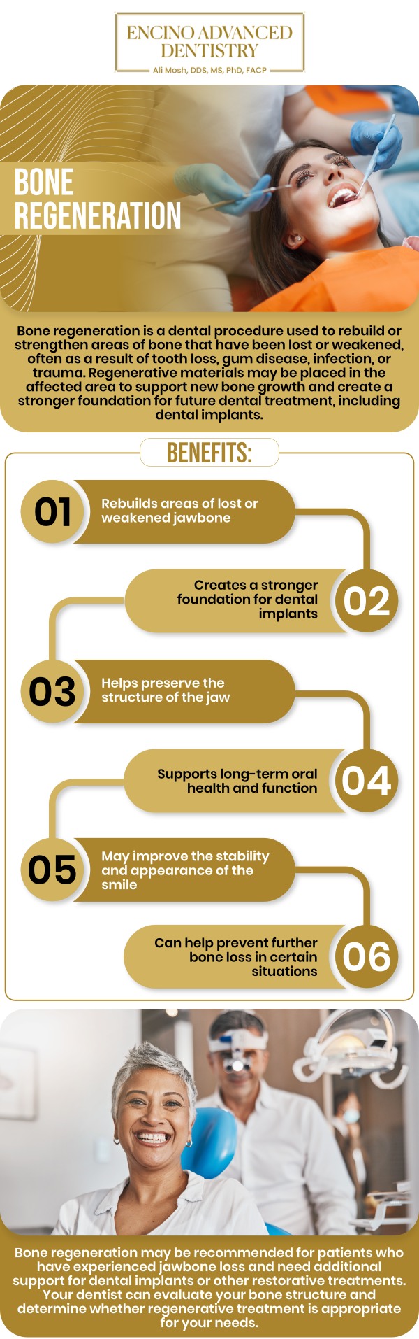 Common questions asked by patients: What is bone regeneration treatment and how does it work? When is bone regeneration treatment necessary for dental or medical procedures? How long does it take to see results from bone regeneration treatments? Is bone regeneration treatment painful, and how is pain managed? What is the recovery time after a bone regeneration procedure? For more information, contact us or schedule an appointment online. We are conveniently located at 5363 Balboa Blvd, #434 Encino, CA 91316. We serve patients from Encino CA, Tarzana CA, Van Nuys CA, Sherman Oaks CA, Calabasas CA, and surrounding cities.