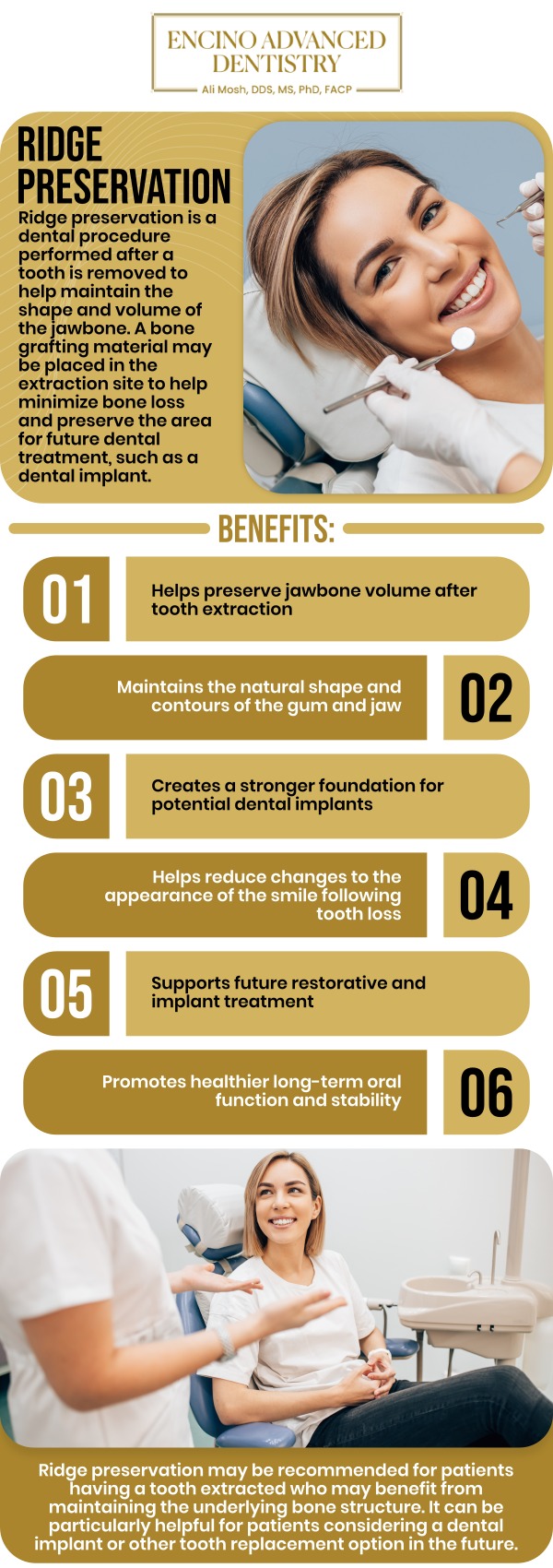 Common questions asked by patients: How is ridge preservation treatment performed, and what does the procedure involve? How does ridge preservation treatment help maintain bone structure after a tooth extraction? When is ridge preservation treatment recommended? What are the benefits of ridge preservation treatment for dental implants? For more information, contact us or schedule an appointment online. We are conveniently located at 5363 Balboa Blvd, #434 Encino, CA 91316. We serve patients from Encino CA, Tarzana CA, Van Nuys CA, Sherman Oaks CA, Calabasas CA, and surrounding areas.