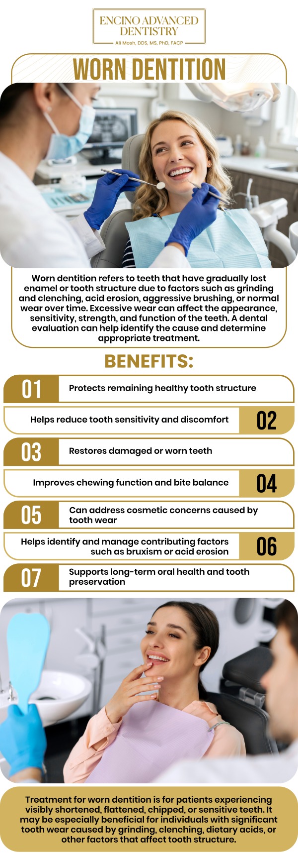 Common questions asked by patients: What is worn dentition, and what causes it? How can worn dentition affect oral health and function? When should worn dentition be treated? What treatment options are available for worn dentition? For more information, contact us or schedule an appointment online. We are conveniently located at 5363 Balboa Blvd, #434 Encino, CA 91316. We serve patients from Encino CA, Tarzana CA, Van Nuys CA, Sherman Oaks CA, Calabasas CA, and surrounding areas.