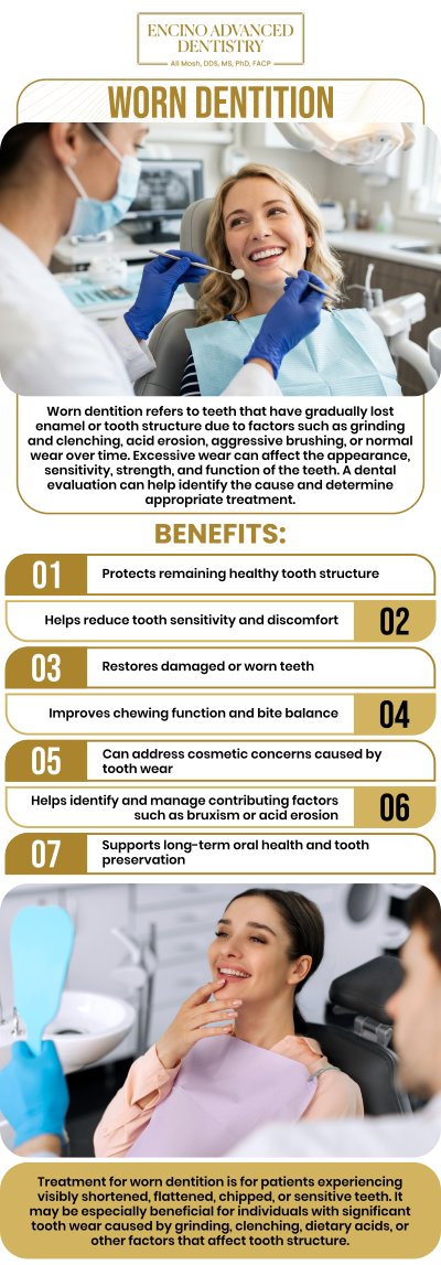 Common questions asked by patients: What is worn dentition, and what causes it? How can worn dentition affect oral health and function? When should worn dentition be treated? What treatment options are available for worn dentition? For more information, contact us or schedule an appointment online. We are conveniently located at 5363 Balboa Blvd, #434 Encino, CA 91316. We serve patients from Encino CA, Tarzana CA, Van Nuys CA, Sherman Oaks CA, Calabasas CA, and surrounding areas.
